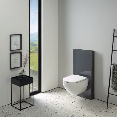 De elegante sanitairmodule Geberit Monolith met glazen front past perfect in een zwart-witte badkamer.