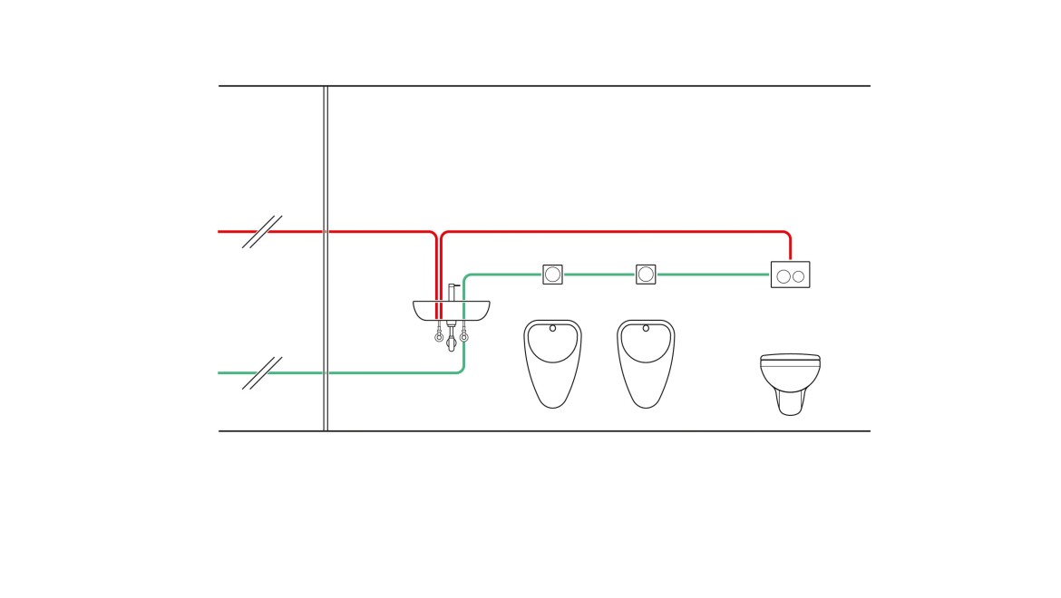 Voorbeeld van het leidingwerk van een tijdgestuurde hygiënespoeling (© Geberit)