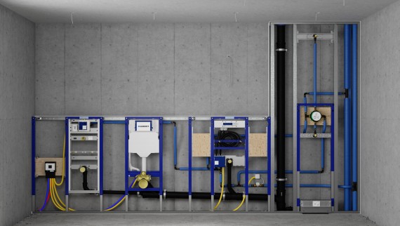Installatiewand met Geberit Duofix elementen voor urinoir, WC, wastafel en douche Installatiewand met Geberit Duofix elementen voor urinoir, WC, wastafel en douche