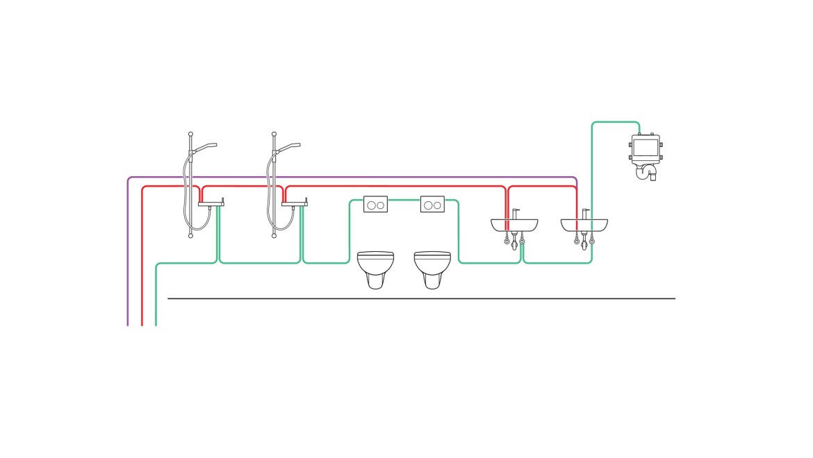 Voorbeeld van het leidingwerk van een intervalgestuurde hygiënespoeling (© Geberit)