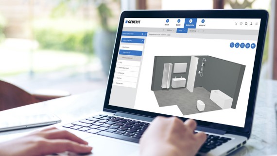 Vrouw ontwerpt haar badkamer met de 3D badkamerplanner van Geberit