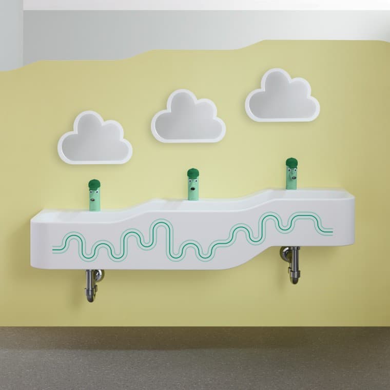 Geberit Bambini speel- en wasruimte in bosgroen en lichtgroen Geberit Bambini speel- en wasruimte in bosgroen en lichtgroen