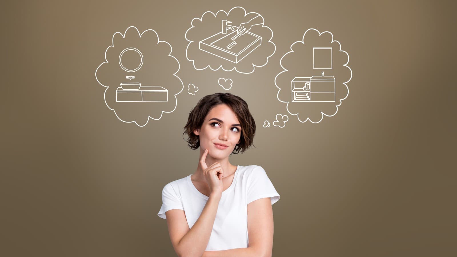 Vrouw denkt na over haar ideale wastafelcombinatie Vrouw denkt na over haar ideale wastafelcombinatie