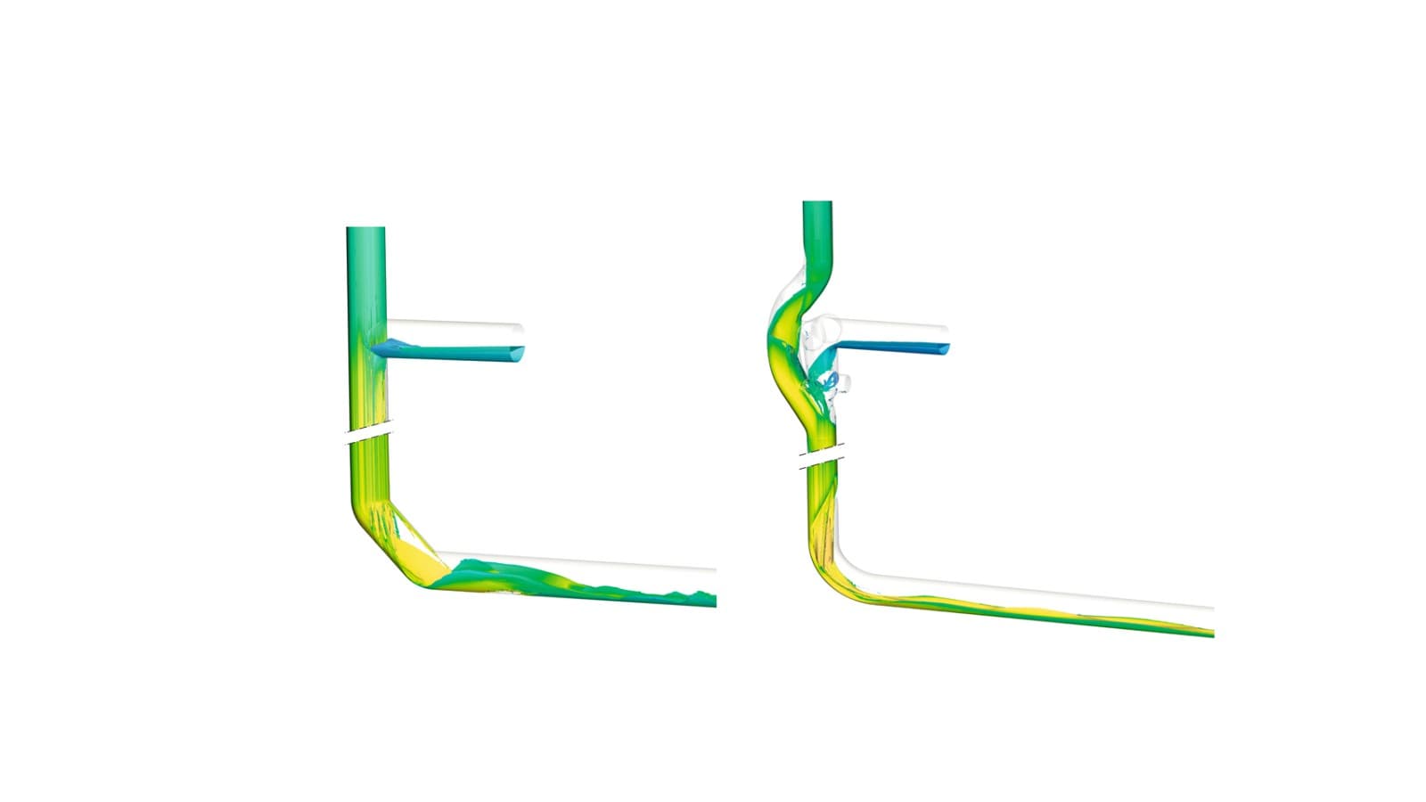 Bij het gebruik van twee 45°-bochten in d160 (zoals links op de afbeelding) ontstaan turbulenties in de leidingen, wat leidt tot een verhoogde geluidsproductie. Daarentegen zorgt de Geberit Silent-db20 BottomTurn-bocht (zoals rechts op de afbeelding) ervoor dat de ringvormige stroming uit de standleiding rustig en gecontroleerd overgaat in een gelaagde stroming. Uit stromingsanalyses blijkt dat deze aanpak zorgt voor een gelijkmatig verloop van de stroming en daarmee een drastische vermindering van storend geluid — aangetoond in praktijktests, zelfs in aangrenzende ruimte Bij het gebruik van twee 45°-bochten in d160 (zoals links op de afbeelding) ontstaan turbulenties in de leidingen, wat leidt tot een verhoogde geluidsproductie. Daarentegen zorgt de Geberit Silent-db20 BottomTurn-bocht (zoals rechts op de afbeelding) ervoor dat de ringvormige stroming uit de standleiding rustig en gecontroleerd overgaat in een gelaagde stroming. Uit stromingsanalyses blijkt dat deze aanpak zorgt voor een gelijkmatig verloop van de stroming en daarmee een drastische vermindering van storend geluid — aangetoond in praktijktests, zelfs in aangrenzende ruimte