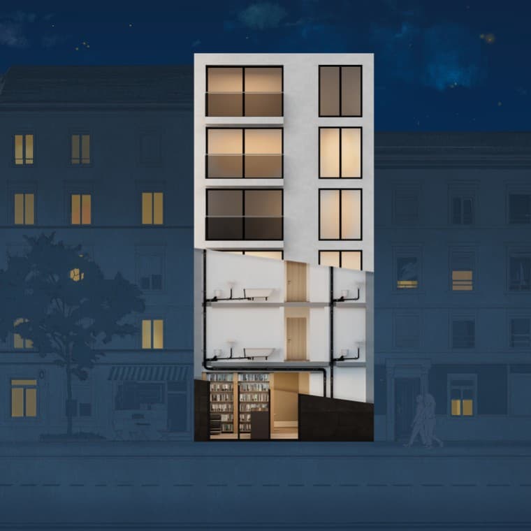 Doorsnede van een flatgebouw met Geberit Silent-Pro SuperTube Doorsnede van een flatgebouw met Geberit Silent-Pro SuperTube